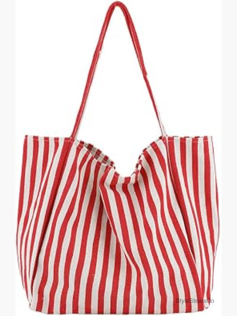 Large Vertical Striped Canvas Tote Shoulder Bag